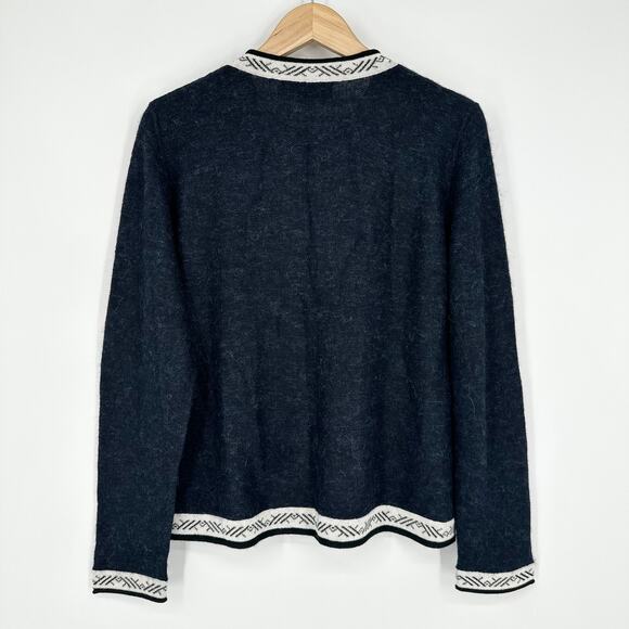 Peruvian Link Feather Cardigan Baby Alpaca Contrast Trim Fuzzy Crew Neck Sweater - Picture 7 of 12